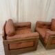 Pair of Cognac Leather Club Armchairs & Wood - Italian Design - 1970s