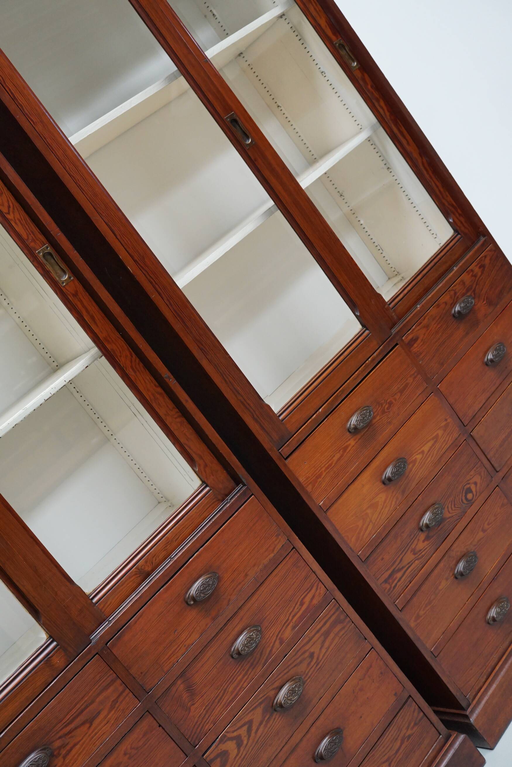 Large Antique Belgian Pitch Pine Apothecary Shop Cabinet / Vitrine, ca 1900