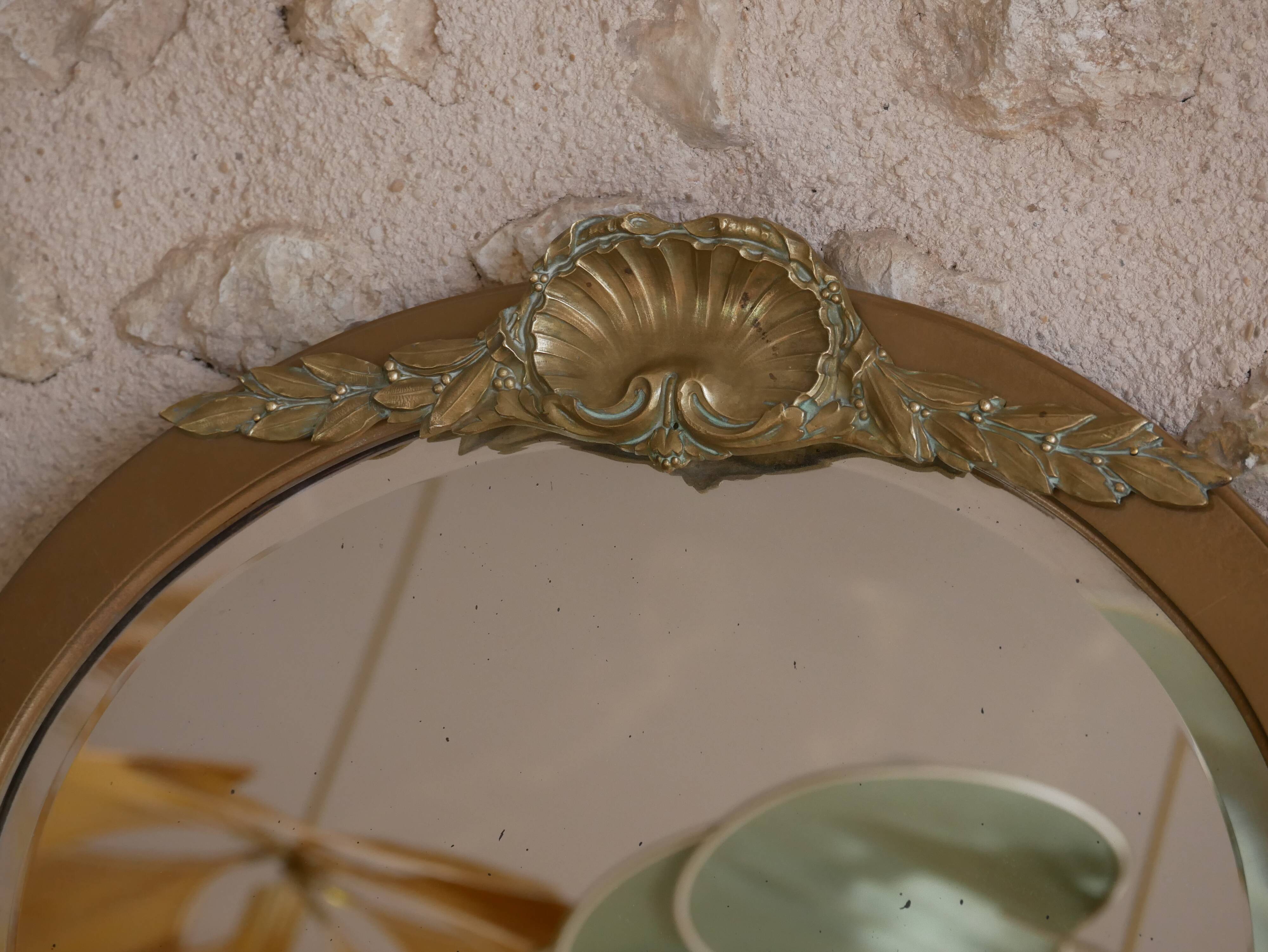 Golden wooden art deco oval mirror - 50x58cm