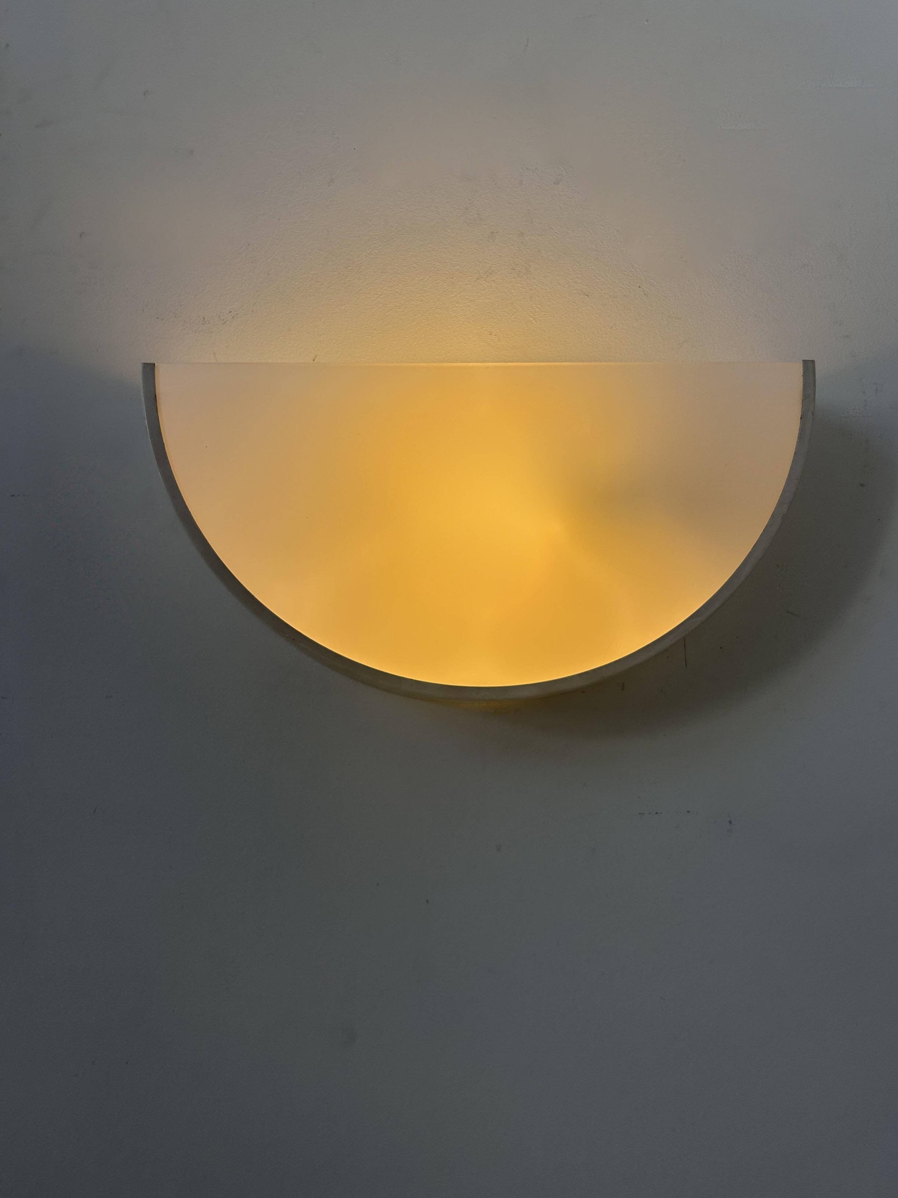 Vintage half-circle wall lamp, white lacquered metal and opaline glass, France 1970