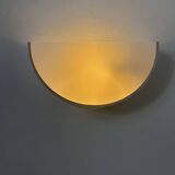 Vintage half-circle wall lamp, white lacquered metal and opaline glass, France 1970
