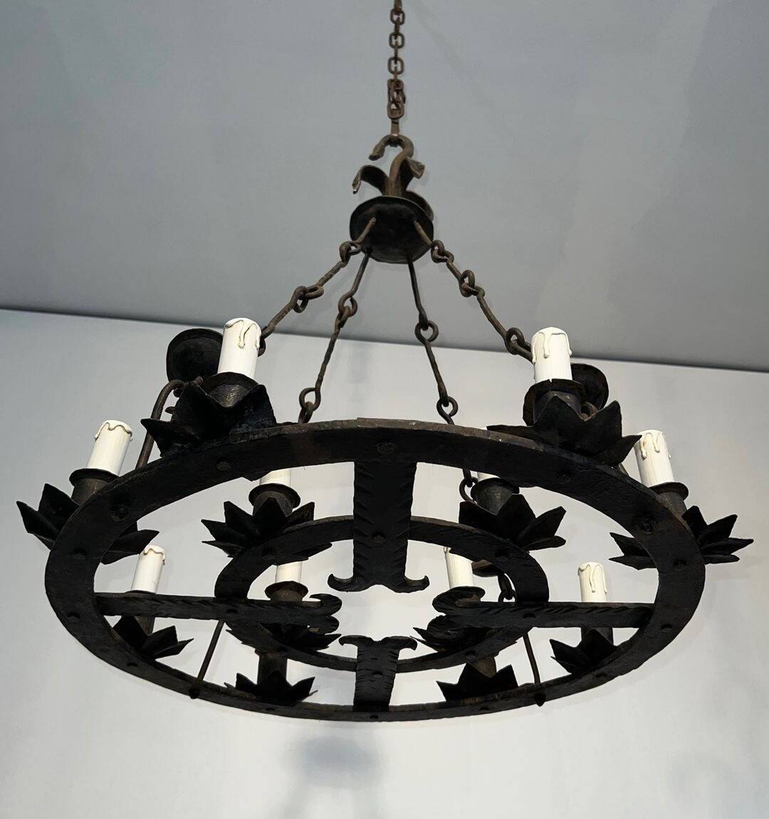 Wrought Iron Chandelier, 12 Lights, Gothic Style, French Work, circa 1