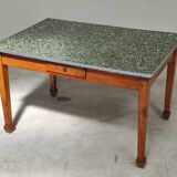 Table de ferme en bois plateau vert moucheté