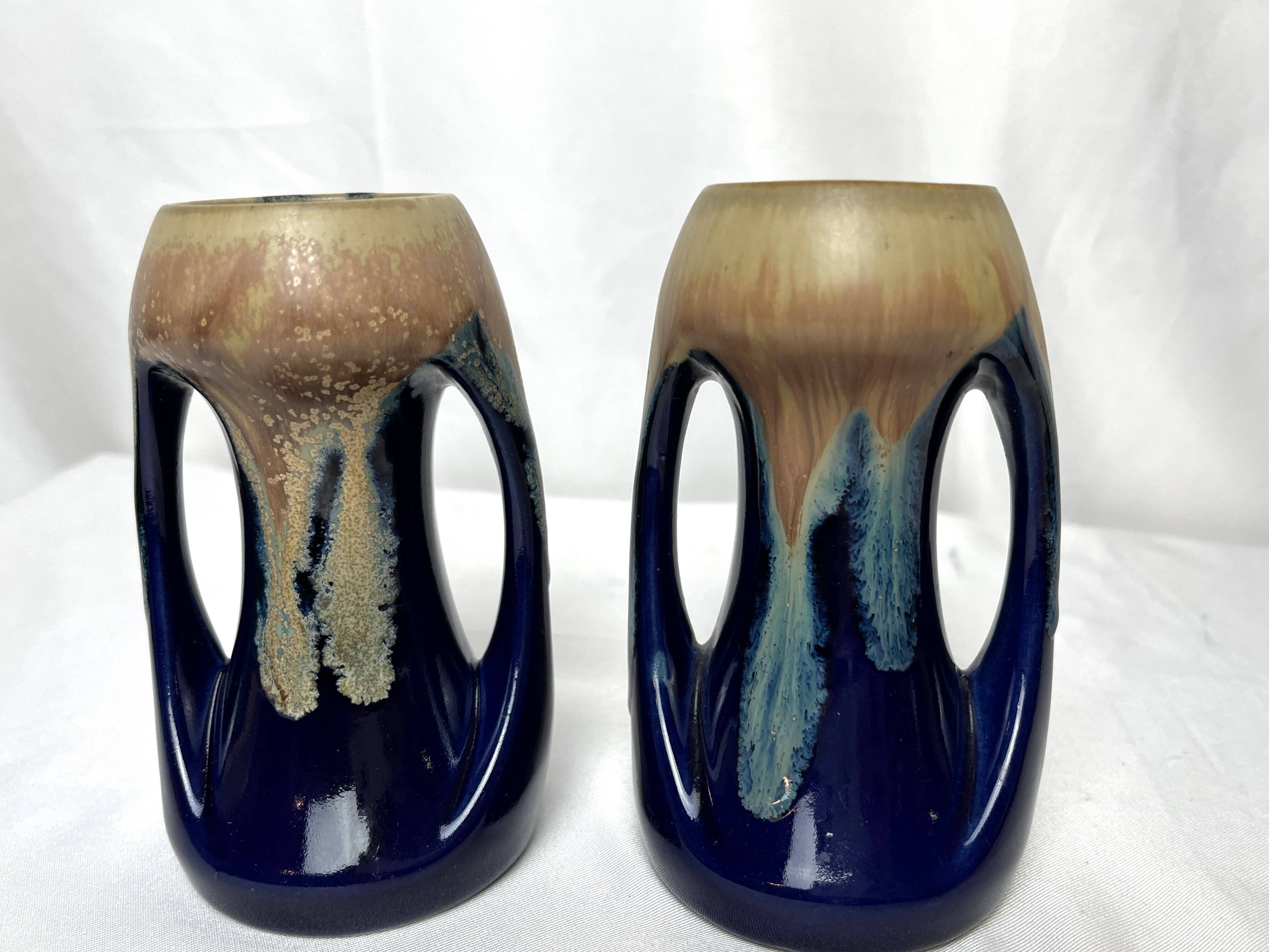 Vintage pair of small enameled stoneware vases with handles circa 1960