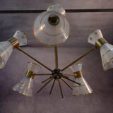 Lustre design diabolo en verre dépoli et ciselé décor floral 1950's