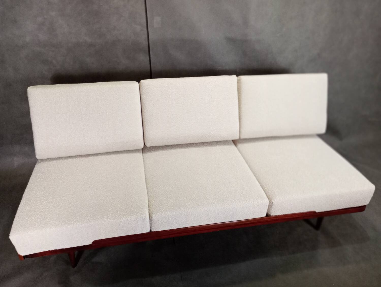 Jitona sobeslav sofa bed in walnut & boucle fabric, vintage czech 1960s