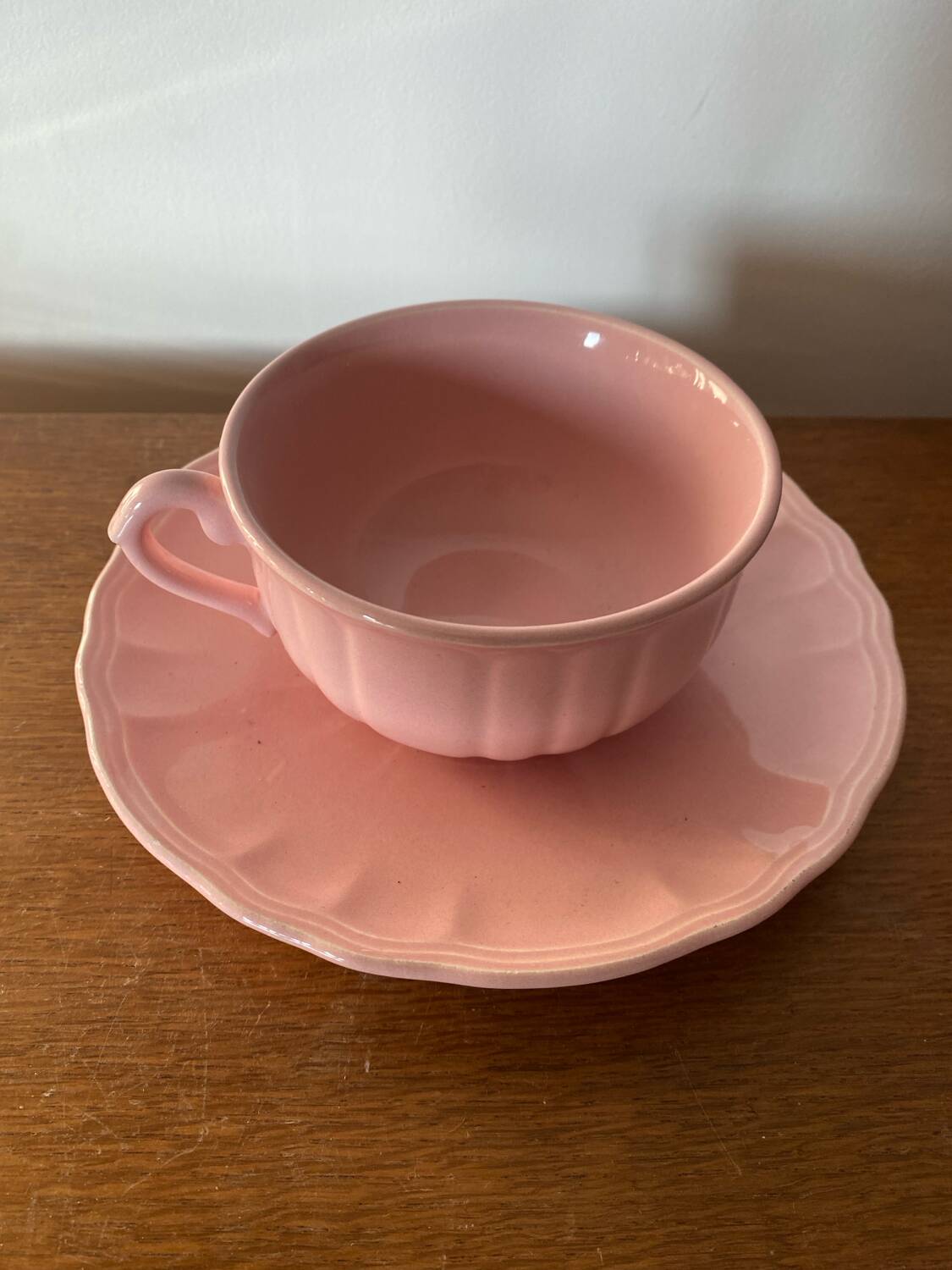 Antique salins les bains cup + saucer pink ceramic france vintage