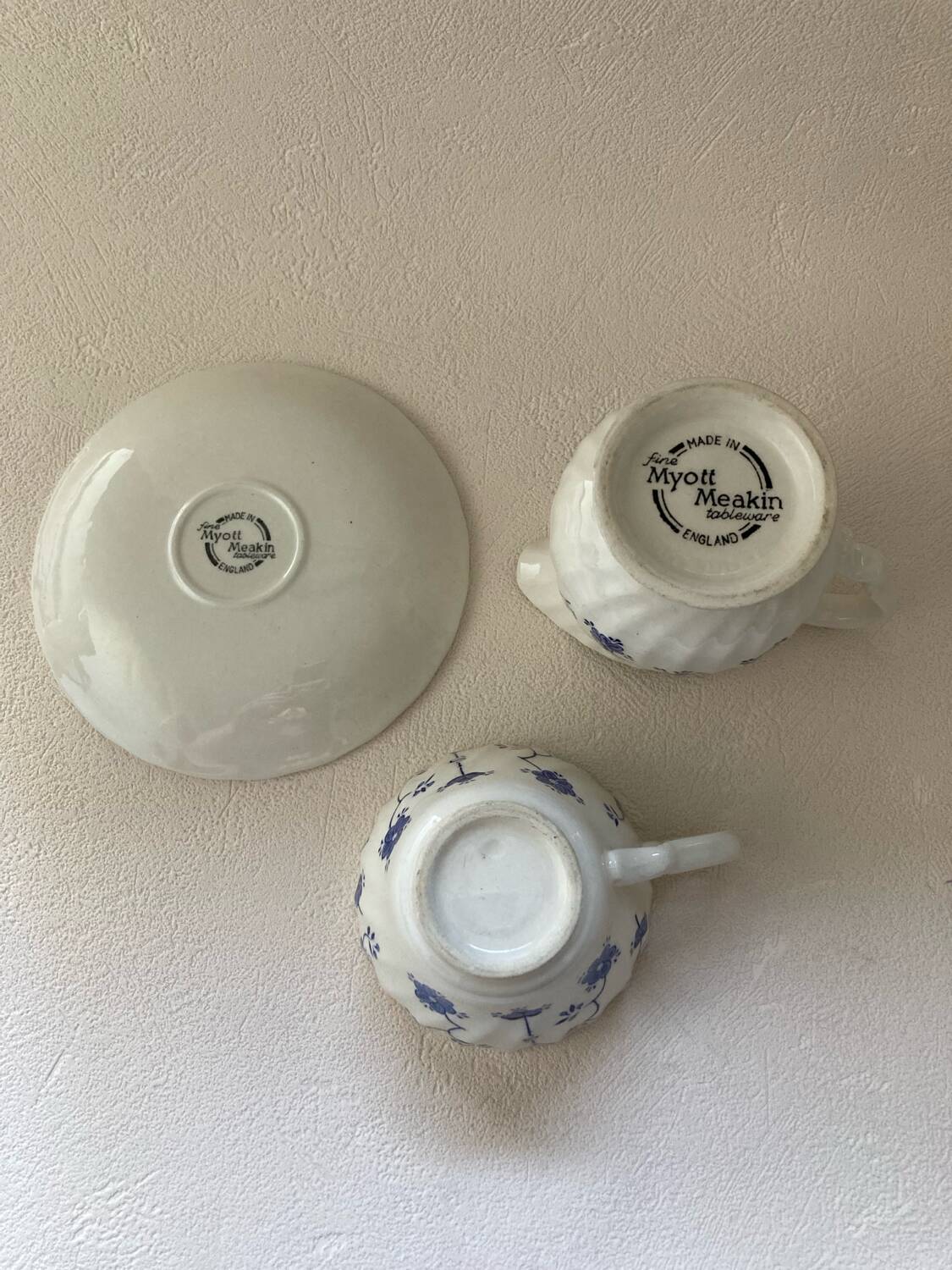 Myott Meakin England Blue Cup Saucer and Milk Jug