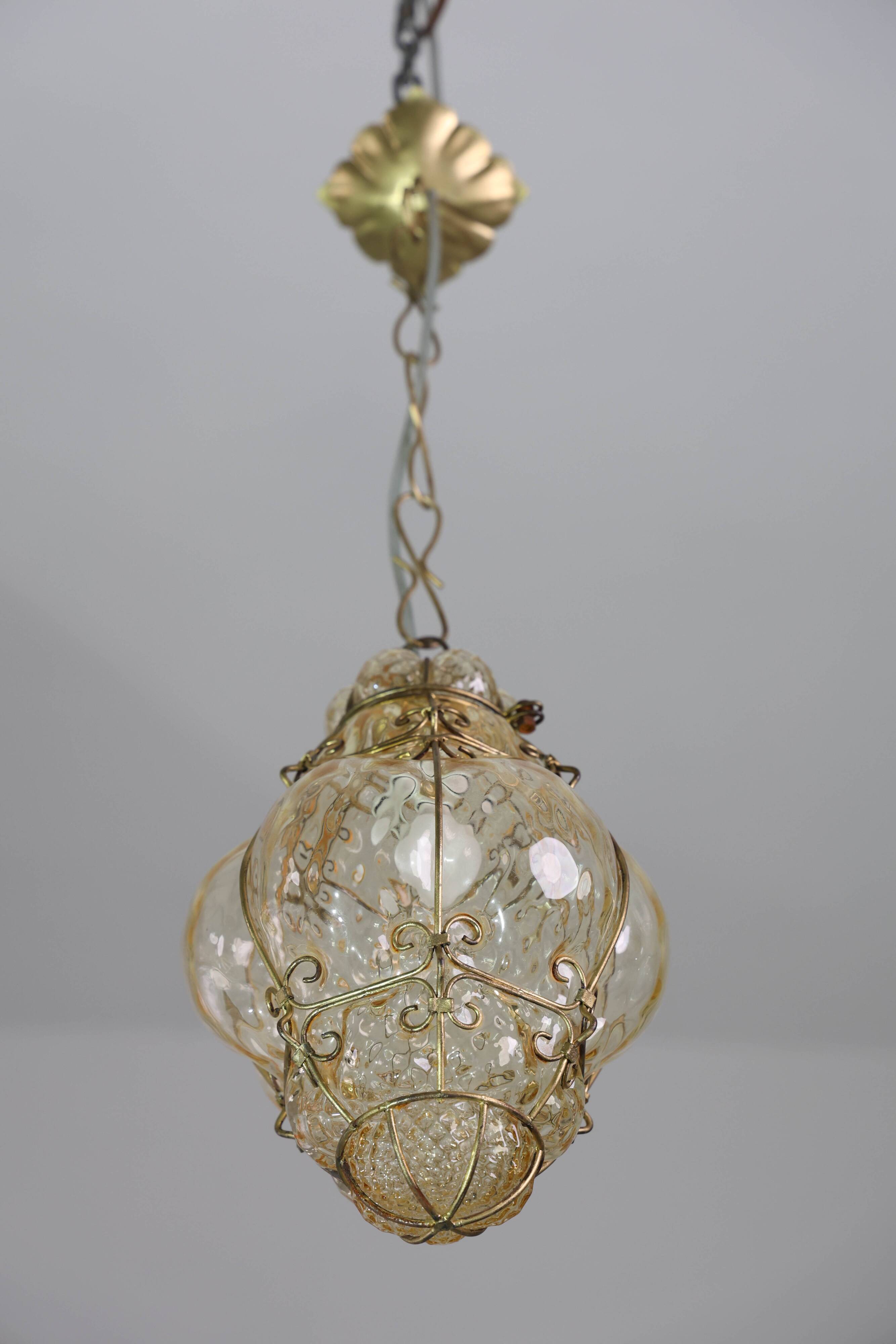 Set of 2 Wonderful Amber Vintage Venetian Lantern, Murano Glass, Italy, 1950s