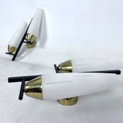 Mid-Century pair of double lights sconces in brass and opaline glass. Italy 1950s