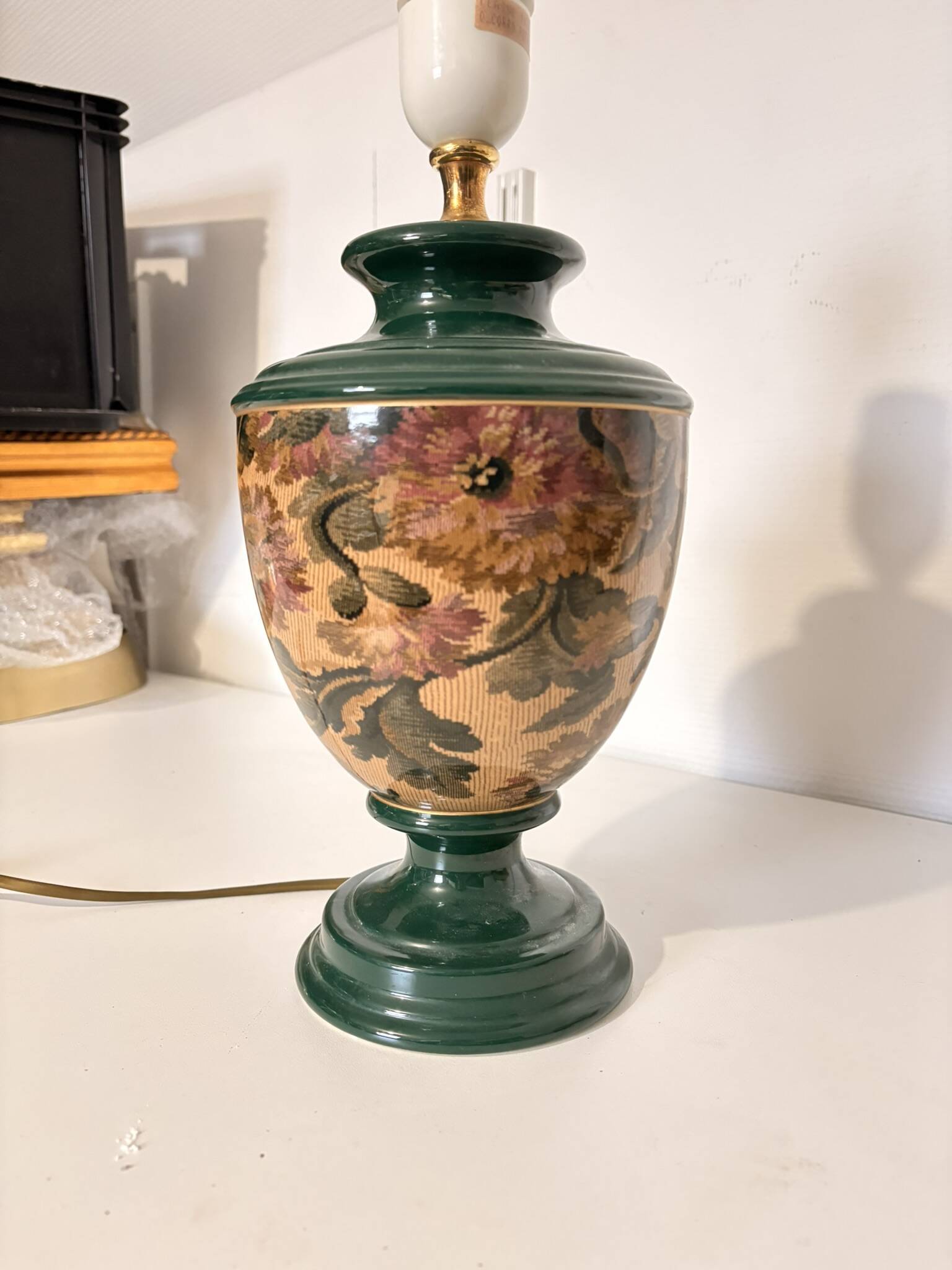 Old Ceramic Lamp Base Green Floral Decor Signed Olivier Corro