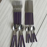 Set of 24 stainless steel and purple plastic cutlery