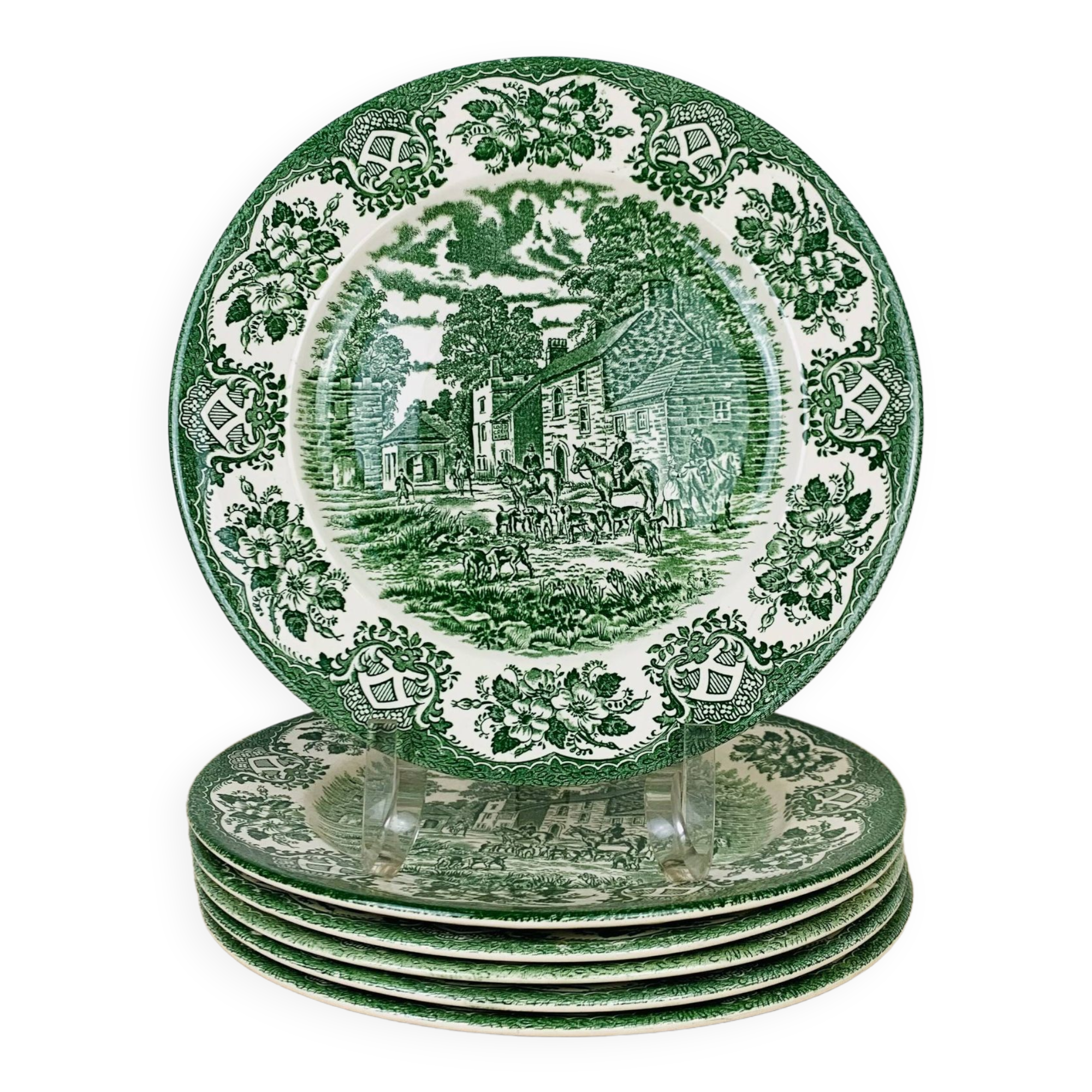 6 green English ironstone plates