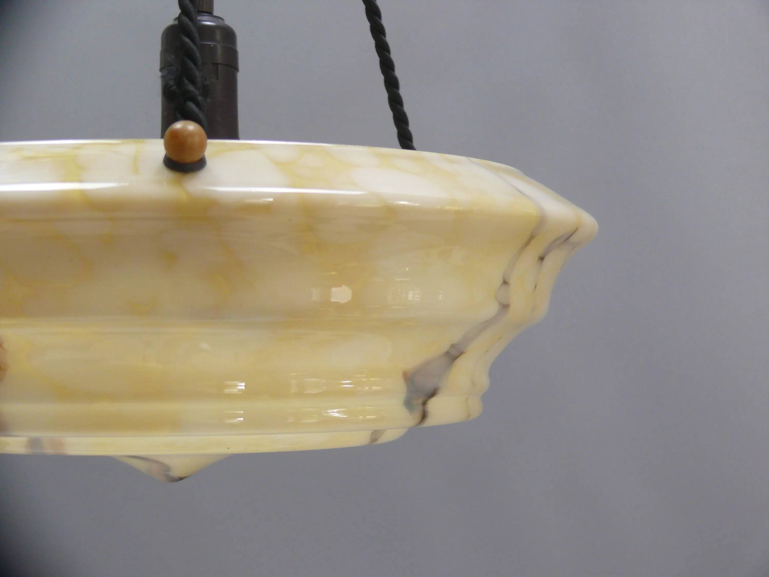 Large Art Deco Glass Pendant Light, Marbled with Rope Suspension, 1920s - 1930s