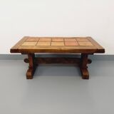Vintage Brutalist Rustic Rectangular Coffee Table in Solid Oak and Ceramic from the 60s 70s