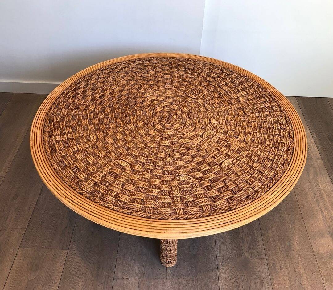 Large Round Coffee Table in Rope and Wood, in the Style of Audoux-Minet, Fra