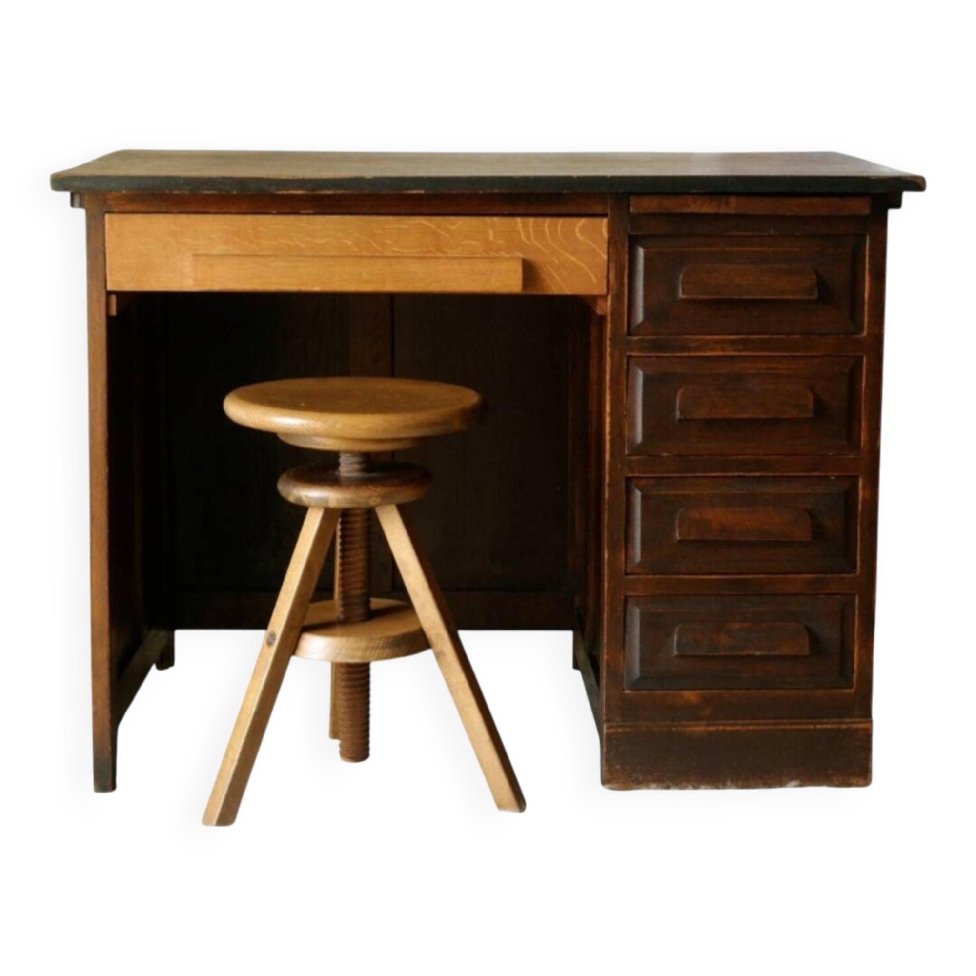 Vintage oak desk with its stool.