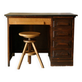 Vintage oak desk with its stool.
