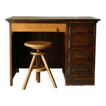 Bureau à caisson en chêne vintage et son tabouret