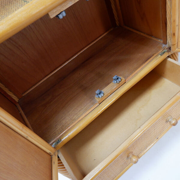 Bibliothèque vintage en bambou avec tiroirs, années 1980