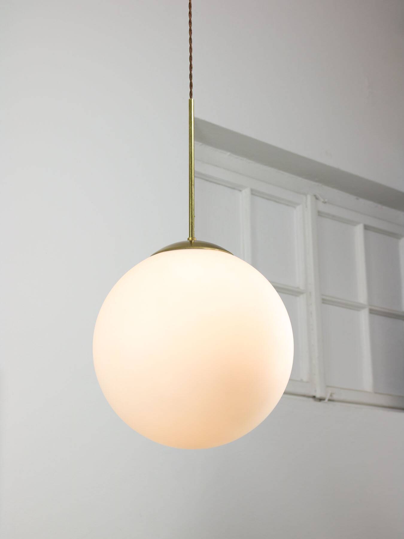Large mid-century italian opaline & brass sphere pendant lamp