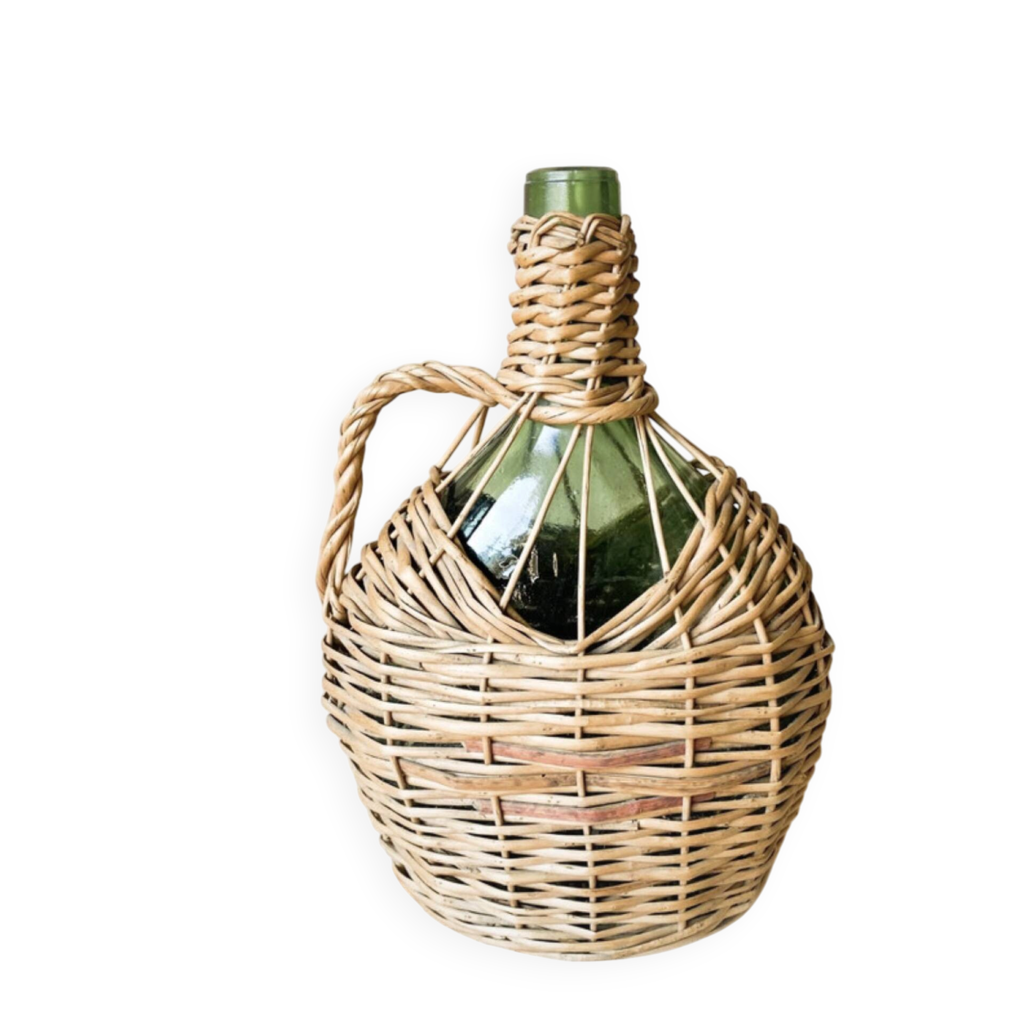 Old Green Glass Demijohn Plate with Woven Rattan