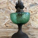 Old kerosene lamp, brass pedestal & green glass body + vintage glass tube