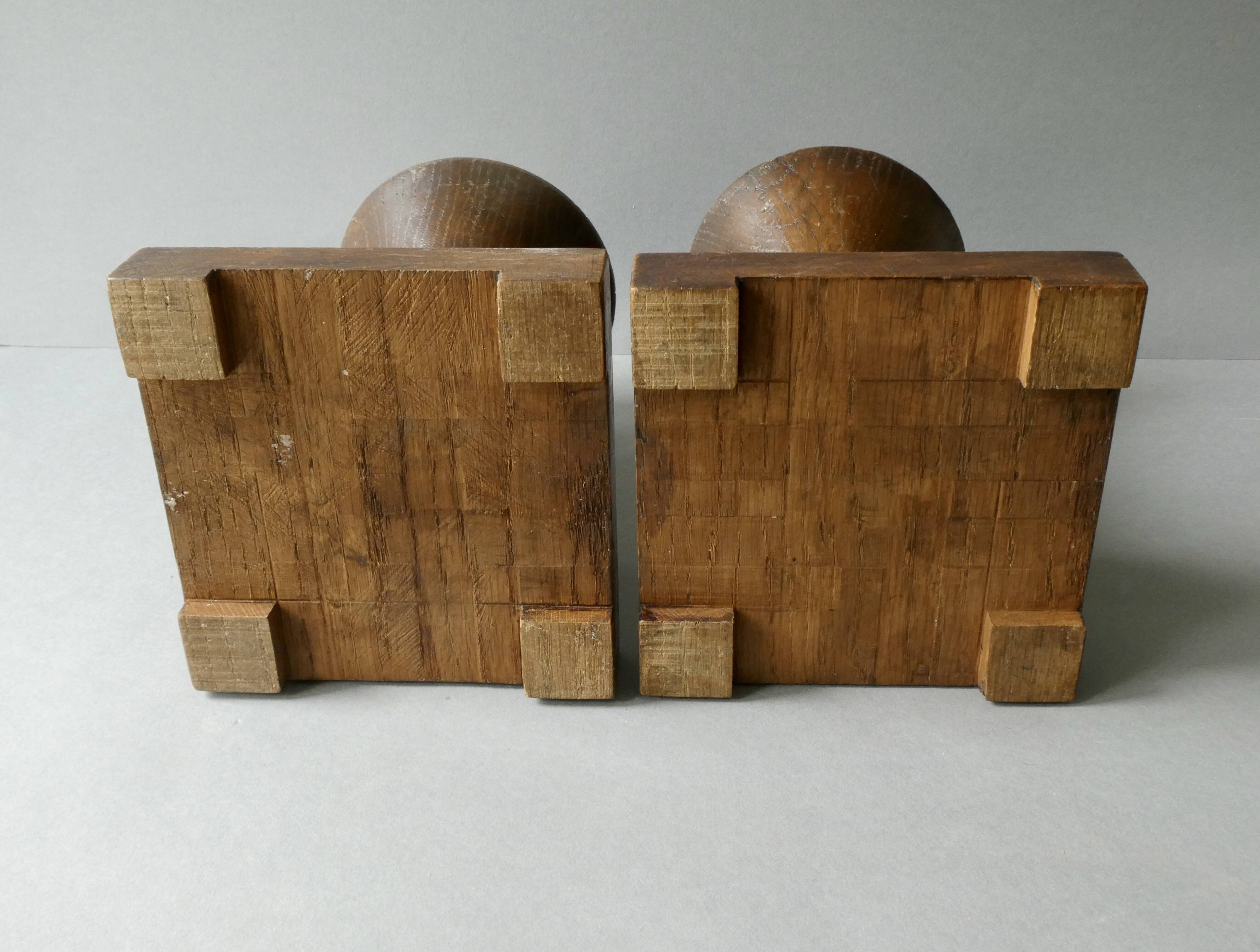 Pair of solid wood candlesticks, sculpted, brutalist