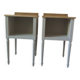 Pair of bedside tables, end tables re-enchanted in pearl gray, wooden top.