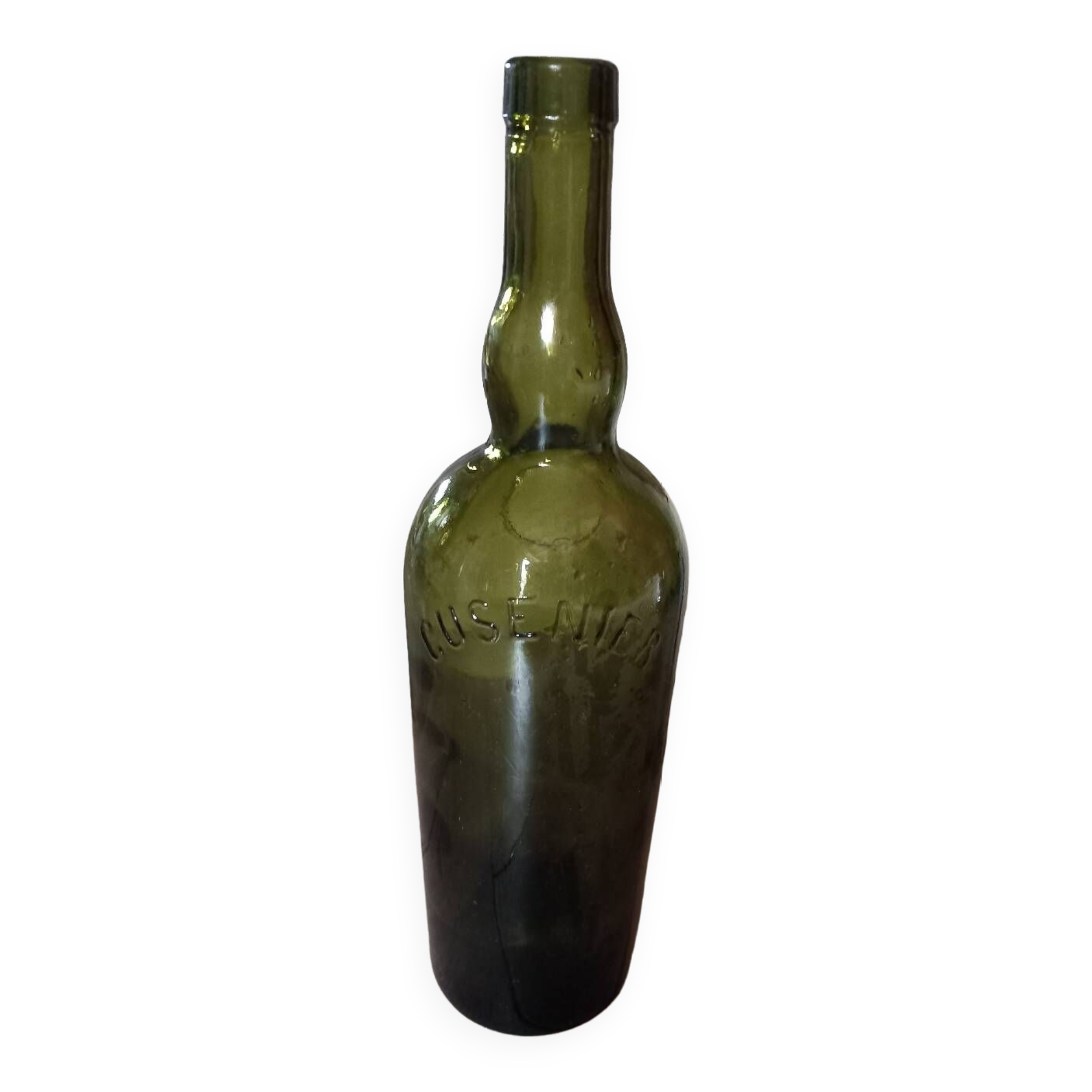 Grande Bouteille Ancienne En Verre Pressé Moulé – Long Col épais, Vintage (signée RAAK)