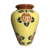 Ancient Ceramic Vase Enamelled Drawing Flowers Years 50 Vintage