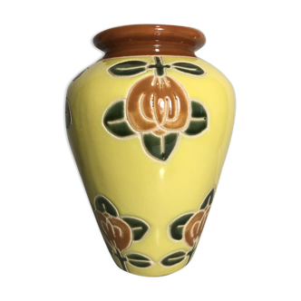 Ancient Ceramic Vase Enamelled Drawing Flowers Years 50 Vintage