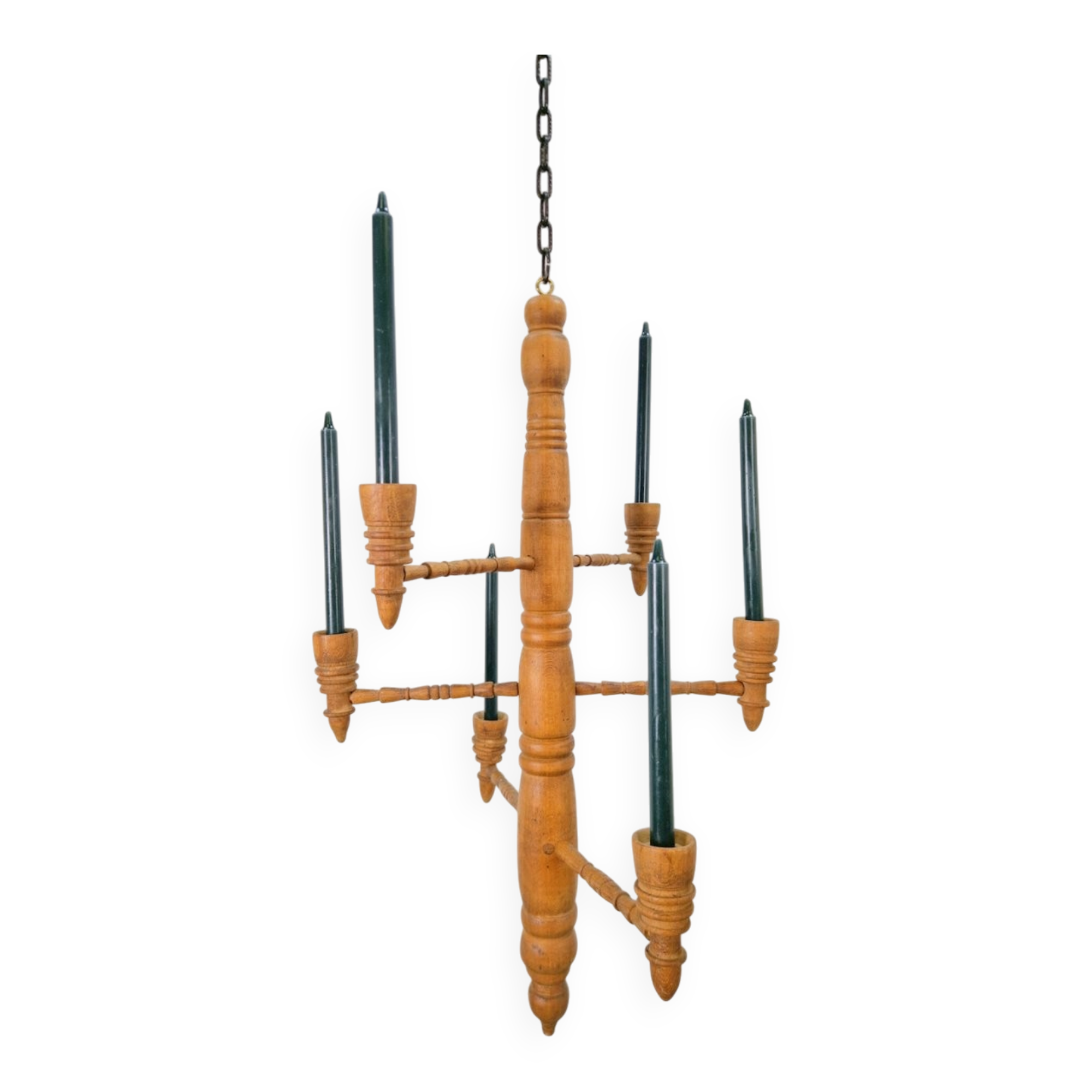 Brutalist Twisted Spool Candle Chandelier in Wood, 1960s