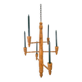 Brutalist Twisted Spool Candle Chandelier in Wood, 1960s