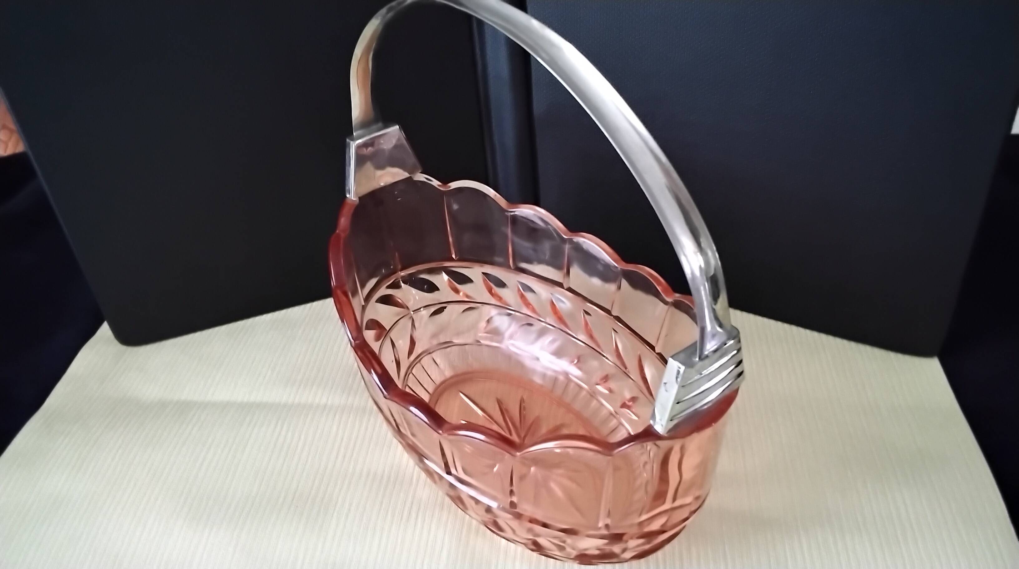 Pink molded pressed glass fruit basket centerpiece