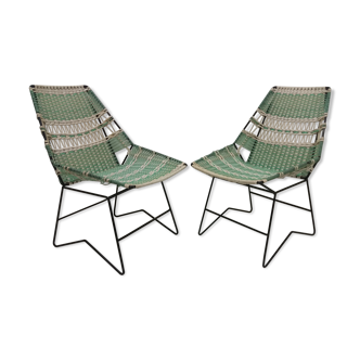 Paire de fauteuils tressés avec table Vertex  Tchécoslovaquie 1960