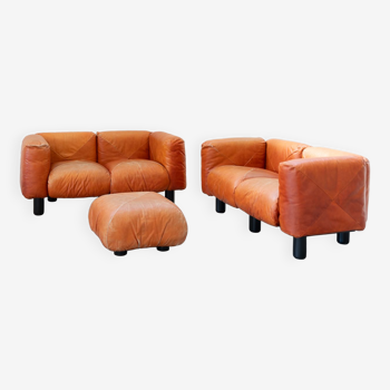 Canapés et poufs en cuir prange par Mario Marenco pour Arflex, 1970