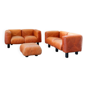 Orange Leather Sofas and Poufs by Mario Marenco for Arflex, 1970s, Set of 3