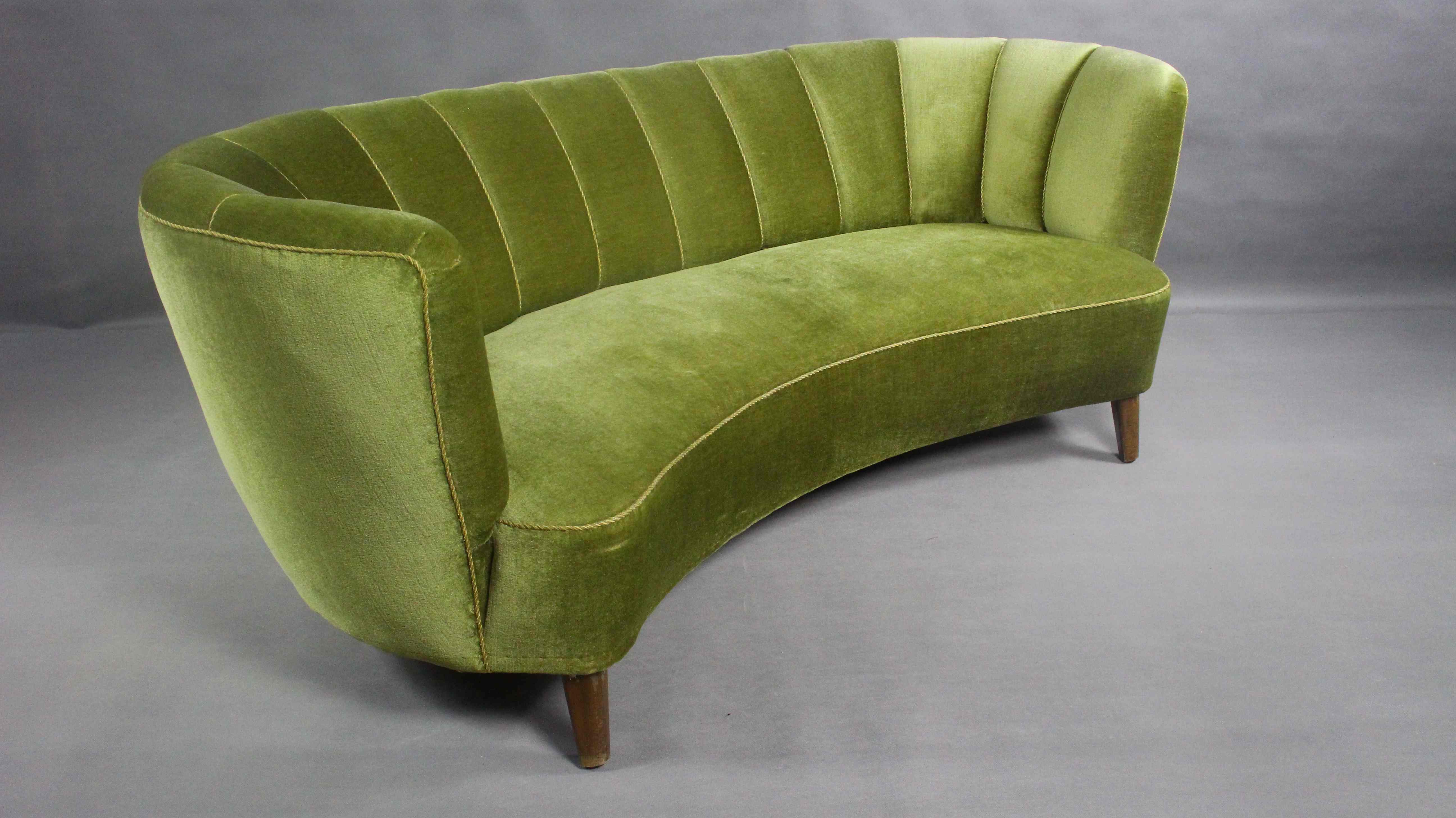Danish curved velvet banana sofa, 1950