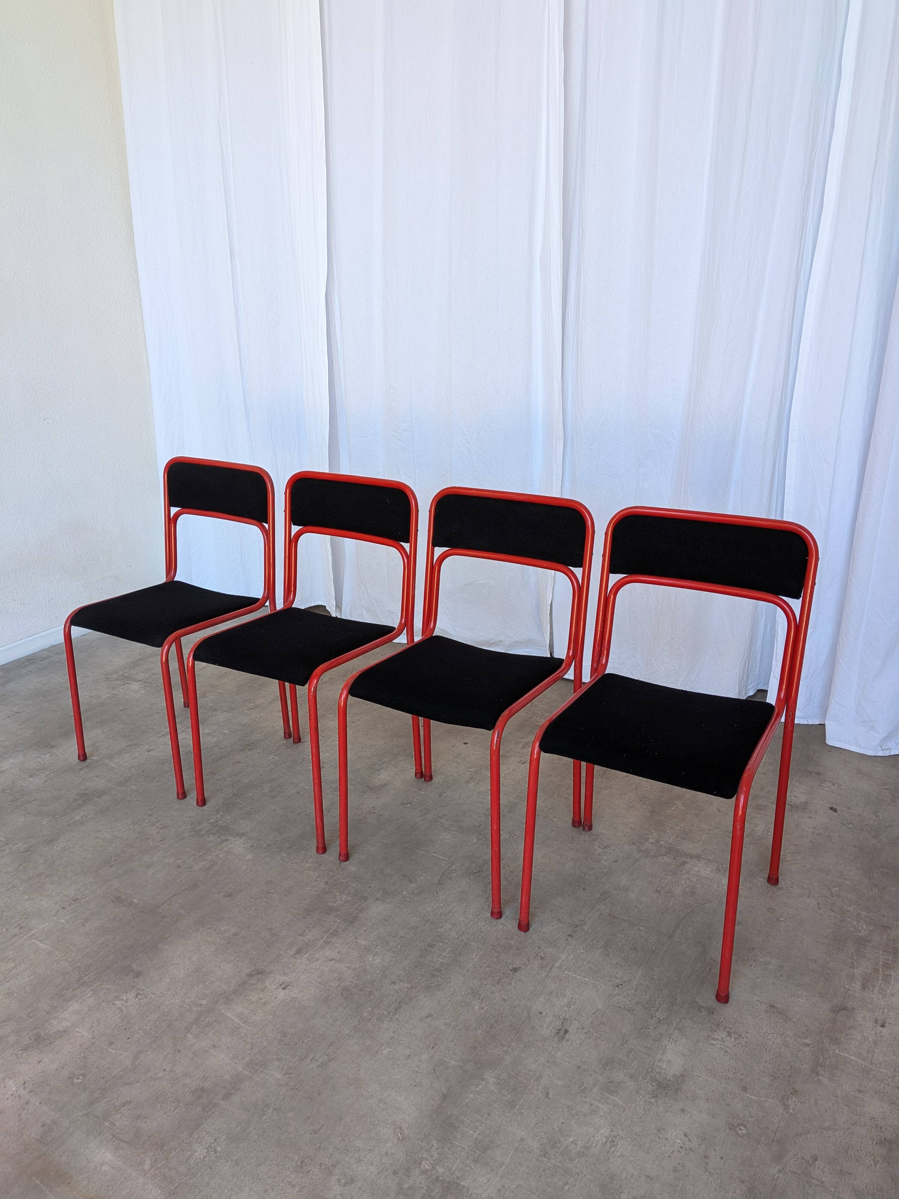 Set of 4 1970s Red & Black Metal Chair: Space Age Stackable Dining Chair