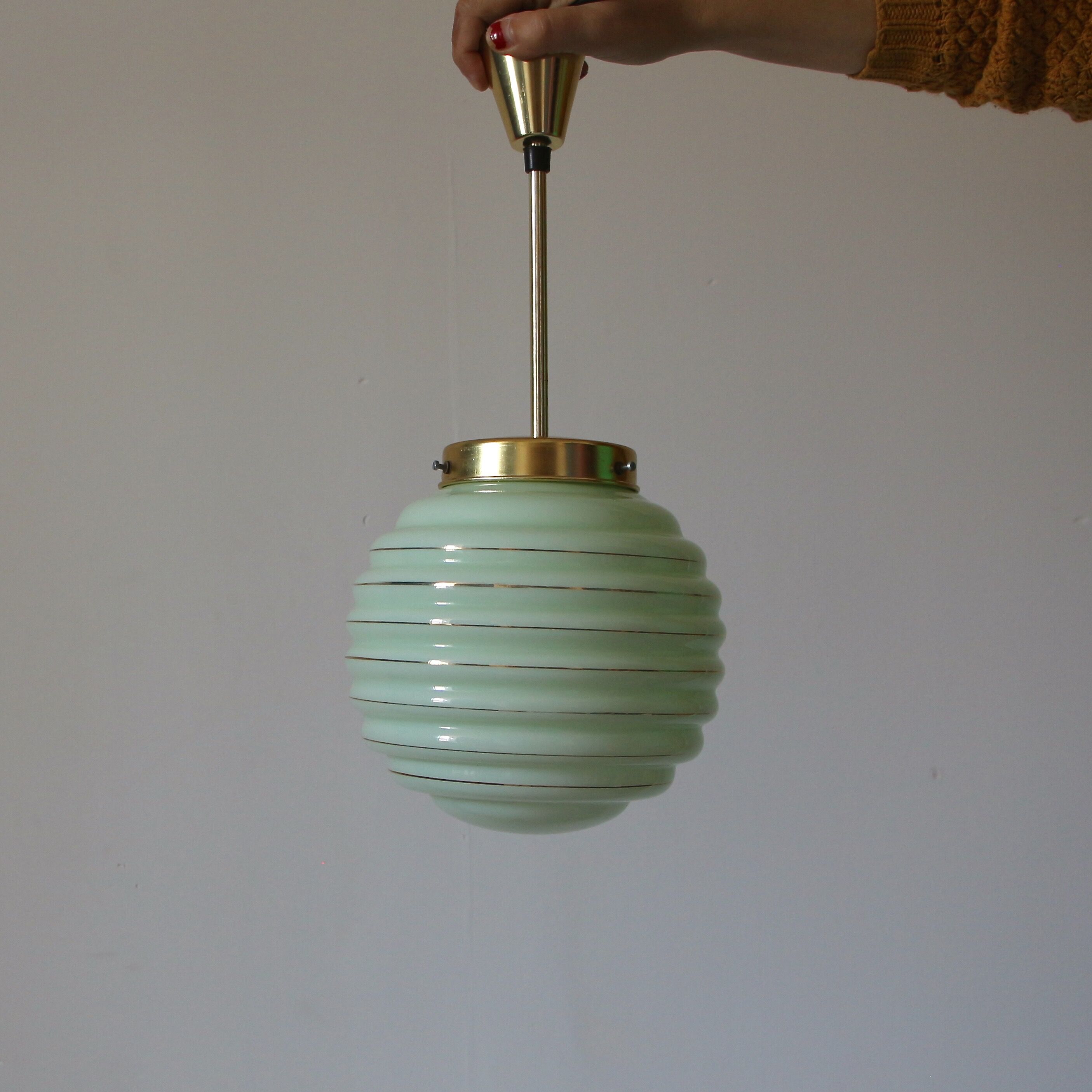 Pale green and golden opaline pendant lamp