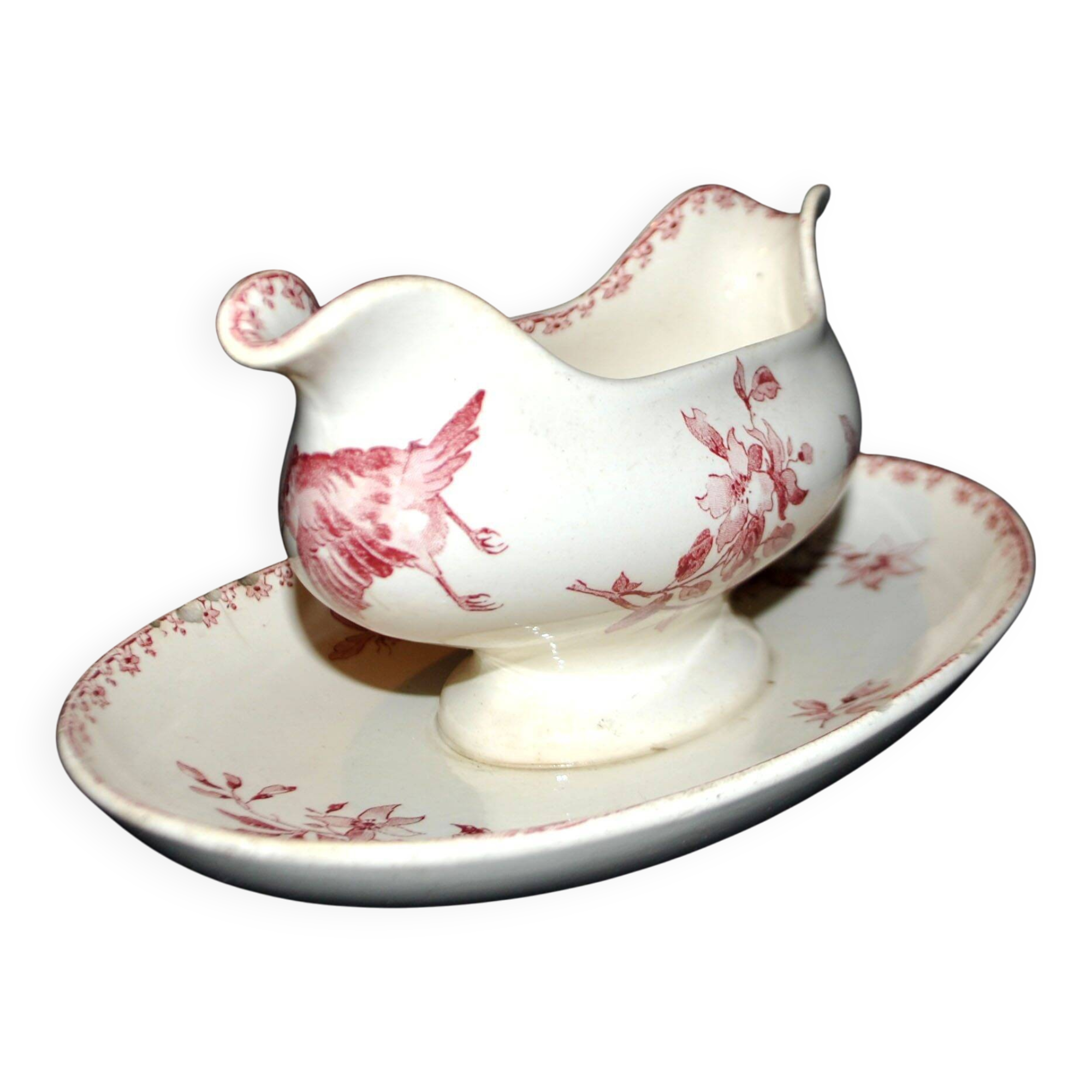Sarreguemines earthenware gravy boat, Red Favorite with birds