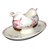 Sarreguemines earthenware gravy boat, Red Favorite with birds