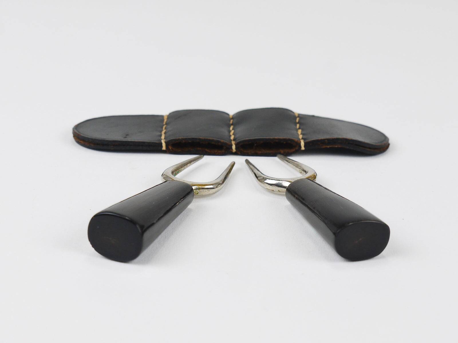 Carl Aubock Pair Forks, Horn, Brass, Leather Holder, Corn Cob Skewers 1930s
