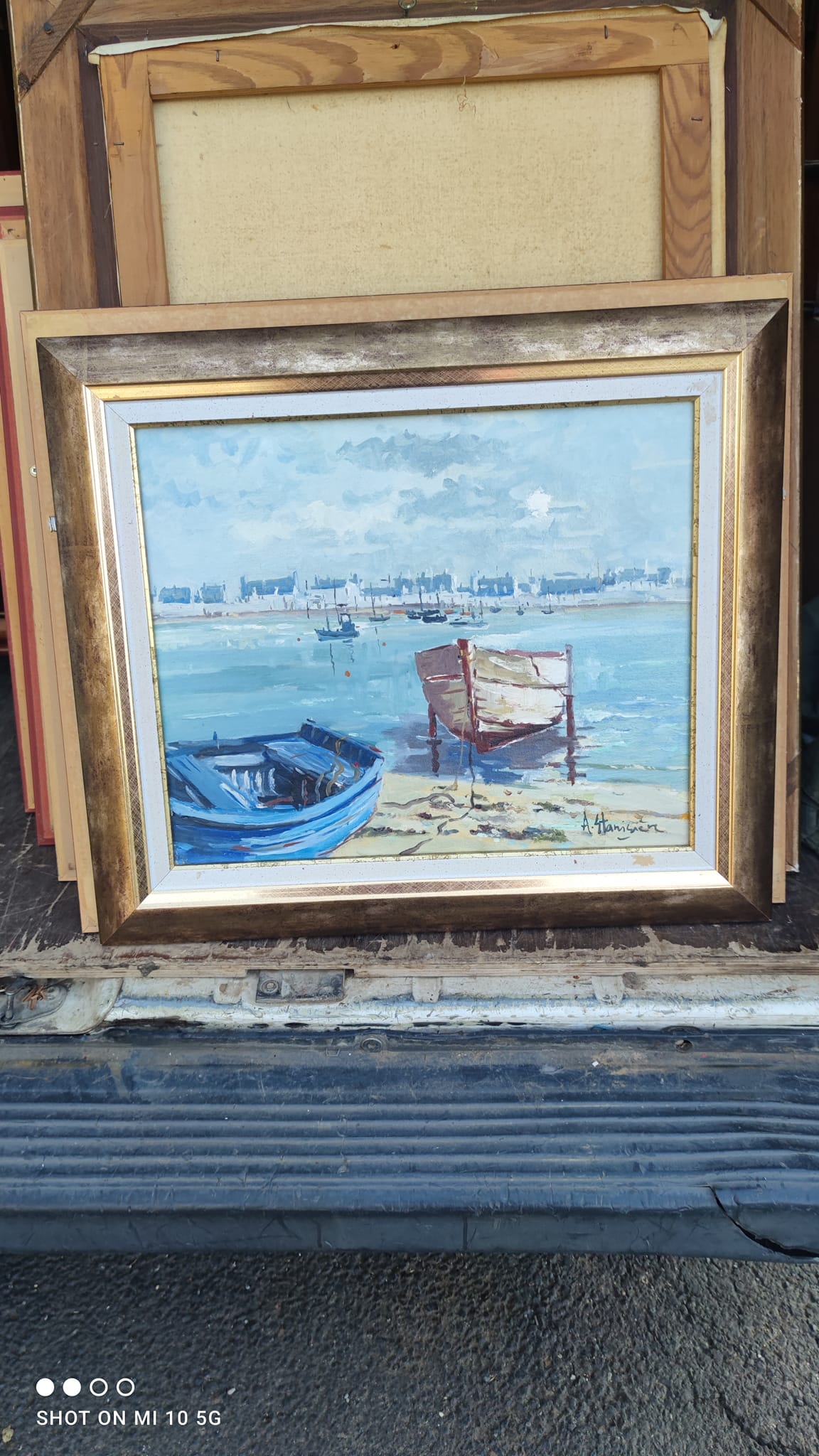 Breton seascape painting in the port of Guilvinec in 2002 by Antoine Stanisiere