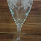 5 white wine glasses etched decorations, golden edge, twisted foot