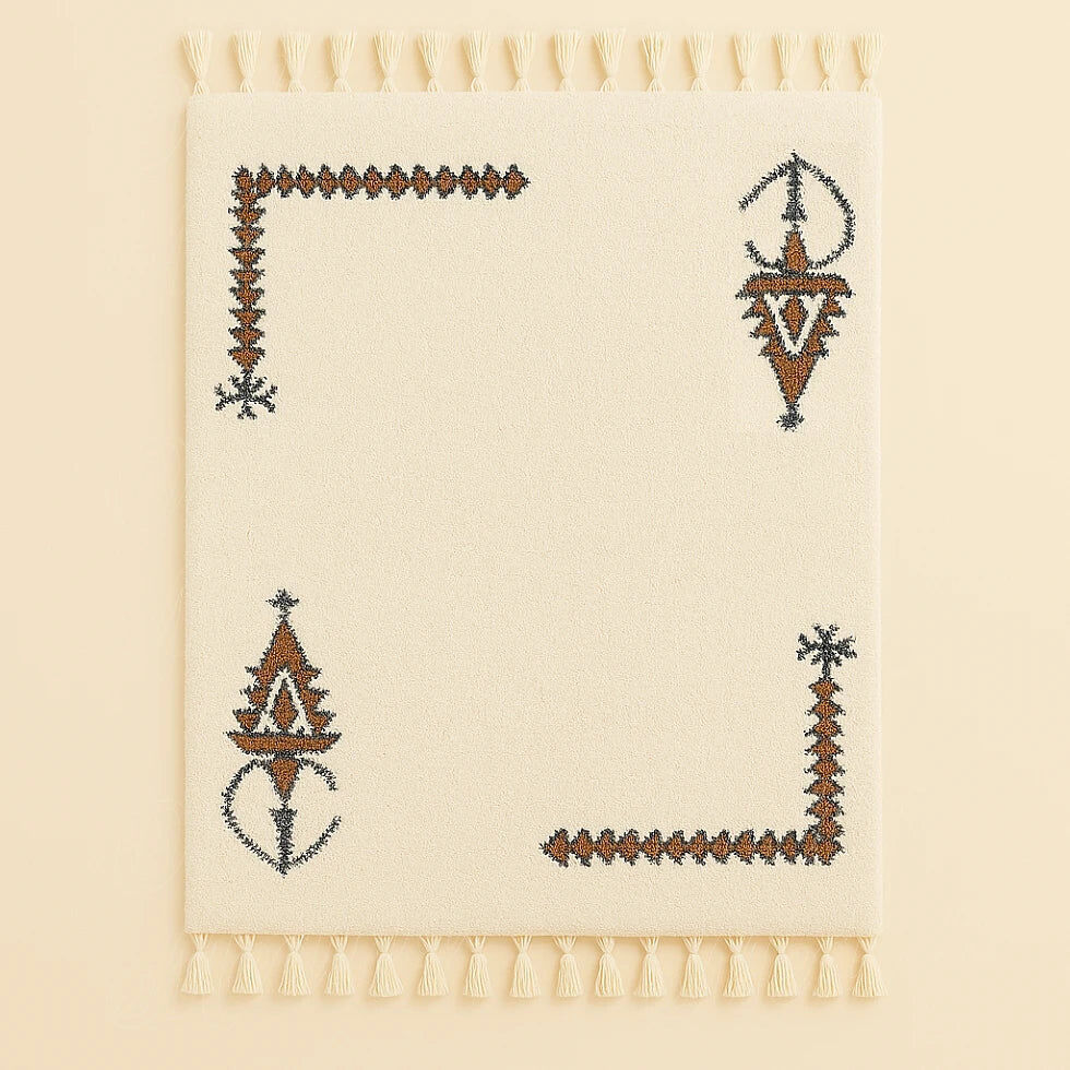 Ecru Berber rug with symbolic corner patterns.