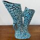 Large sculptural ceramic vase with textured turquoise blue and black glaze – Double horn – H. 31 cm