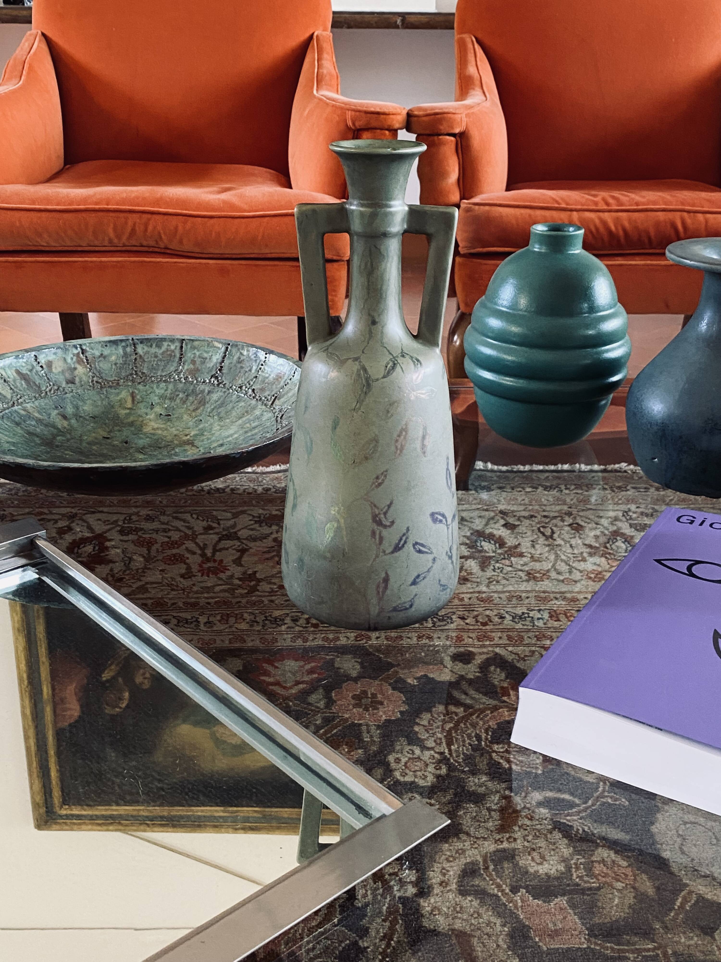 Art Deco green iridescent vase, Montieres France 1930s