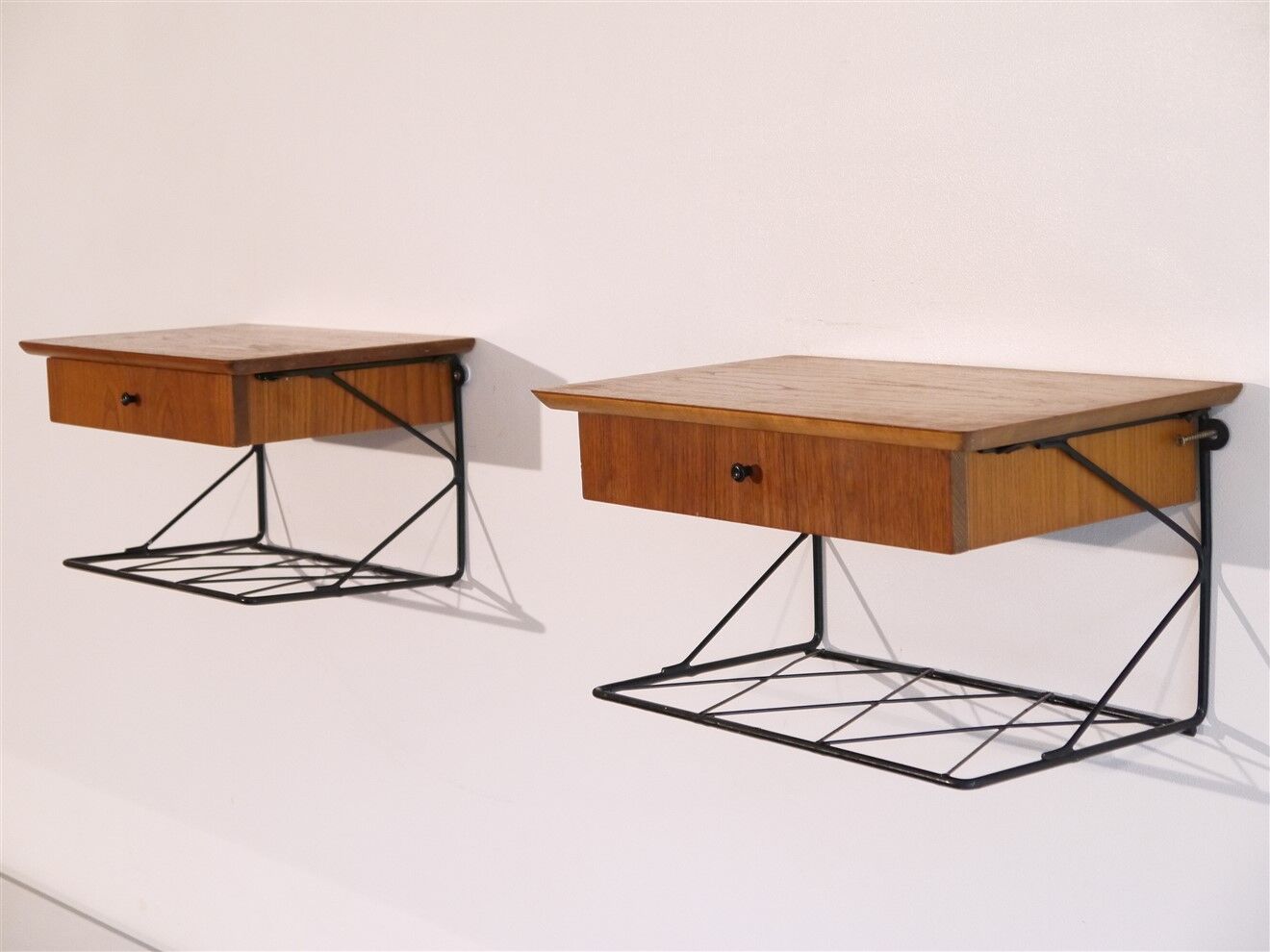 Pair of Scandinavian wall bedside tables in teak 1960